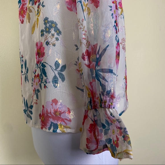LOFT Floral Metallic Poet Ruffle Sleeve Blouse XSP - Picture 7 of 13